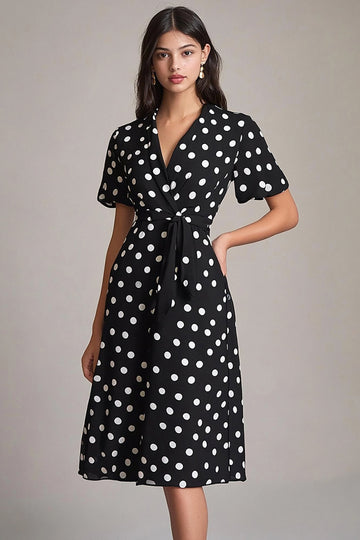 Black White Satin Midi A-Line V-Neck Polka Dots Dress with Short Sleeves